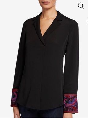 KOBI HALPERIN “Maximer” Silk Blouse w/ Paisley Printed Cuffs ~ Black ~ Medium